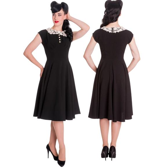 Hell Bunny Black Fit & Flare Crochet Collar Dress Pin-Up Retro Size M Medium - Picture 1 of 10